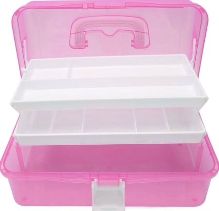 3-Layer Portable Craft & Baking Storage Organizer – Transparent Folding Box with Handle (Pink)