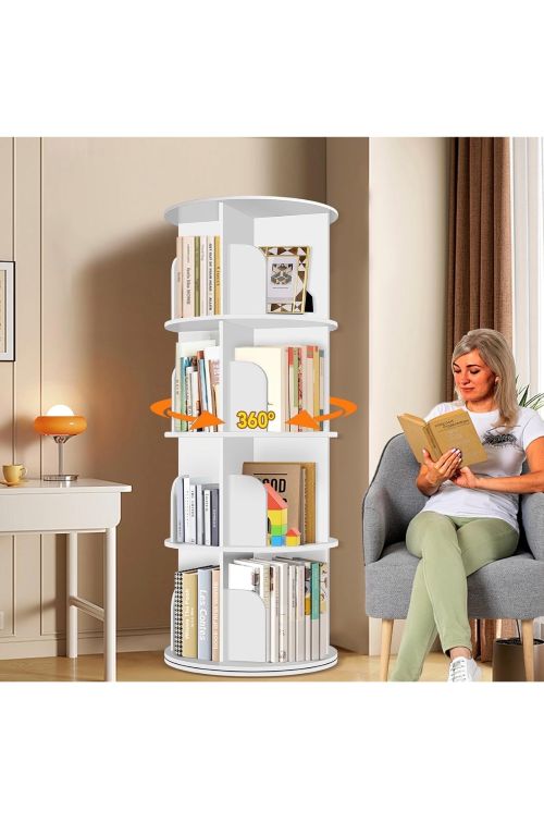 Round Rotating Vertical Bookshelf with 4 Shelves – White