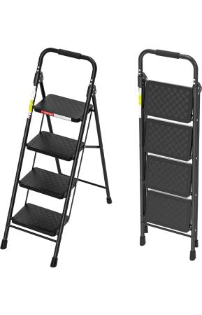 HBTower 4-Step Foldable Ladder – Anti-Slip Pedals, Cushioned Handle, 330 lb Capacity, Black