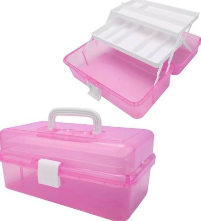 3-Layer Portable Craft & Baking Storage Organizer – Transparent Folding Box with Handle (Pink)