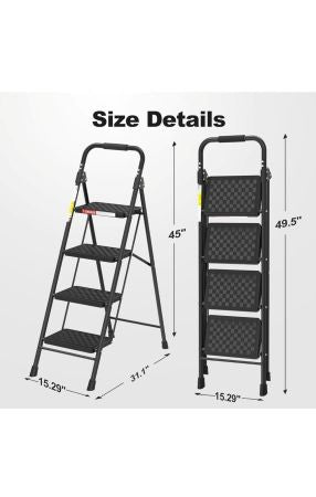 HBTower 4-Step Foldable Ladder – Anti-Slip Pedals, Cushioned Handle, 330 lb Capacity, Black