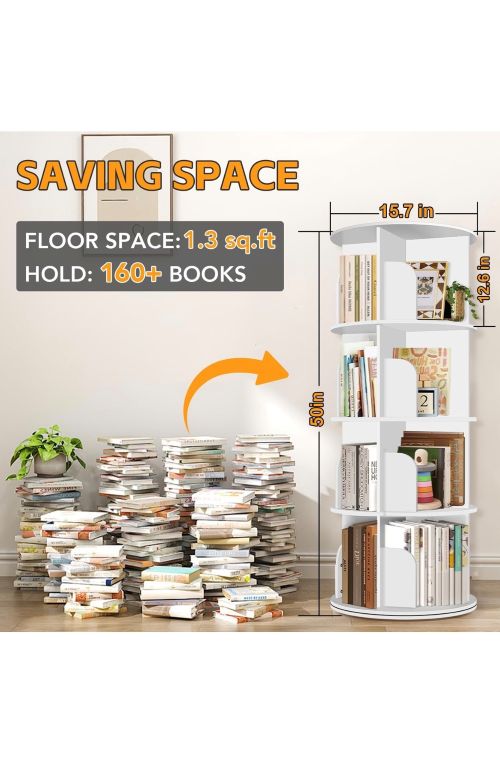 Round Rotating Vertical Bookshelf with 4 Shelves – White