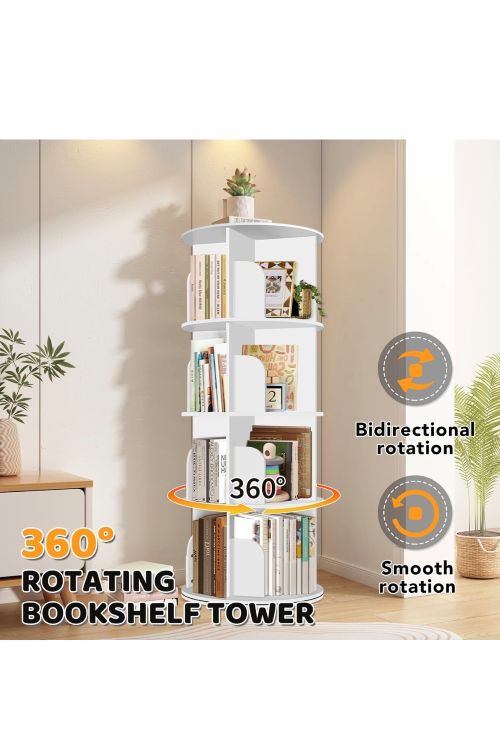 Round Rotating Vertical Bookshelf with 4 Shelves – White
