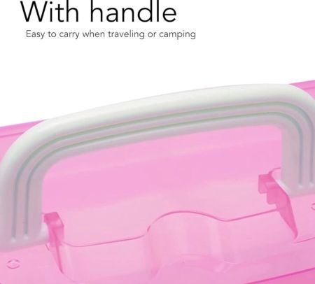 3-Layer Portable Craft & Baking Storage Organizer – Transparent Folding Box with Handle (Pink)