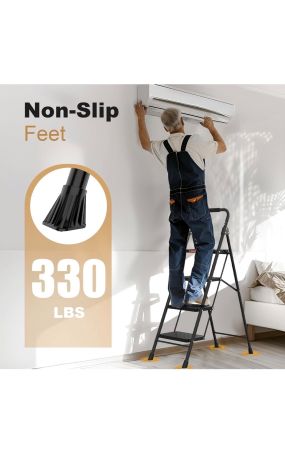 HBTower 4-Step Foldable Ladder – Anti-Slip Pedals, Cushioned Handle, 330 lb Capacity, Black