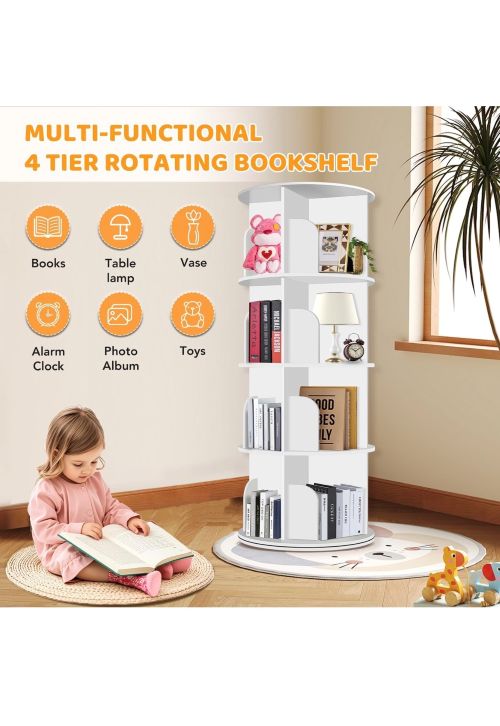 Round Rotating Vertical Bookshelf with 4 Shelves – White