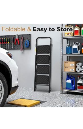 HBTower 4-Step Foldable Ladder – Anti-Slip Pedals, Cushioned Handle, 330 lb Capacity, Black